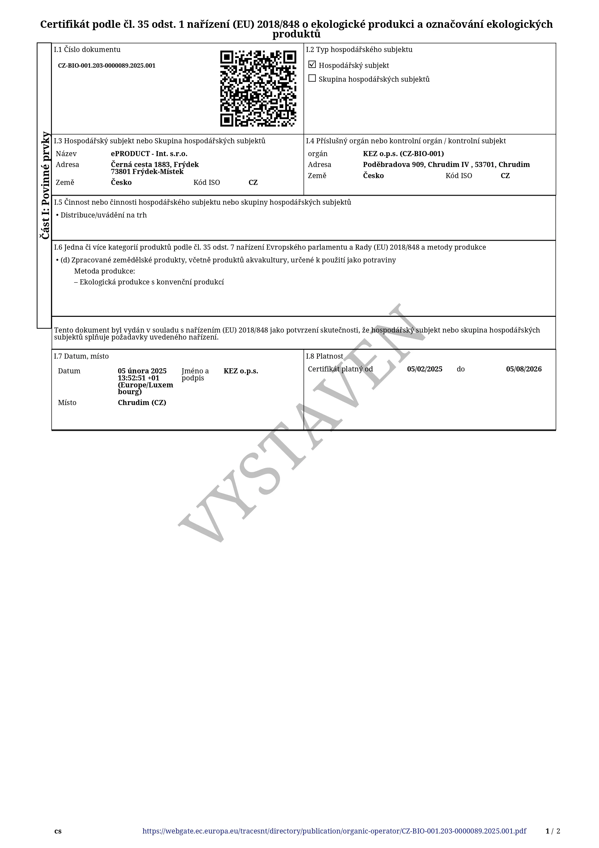 1. Certifikát kvality